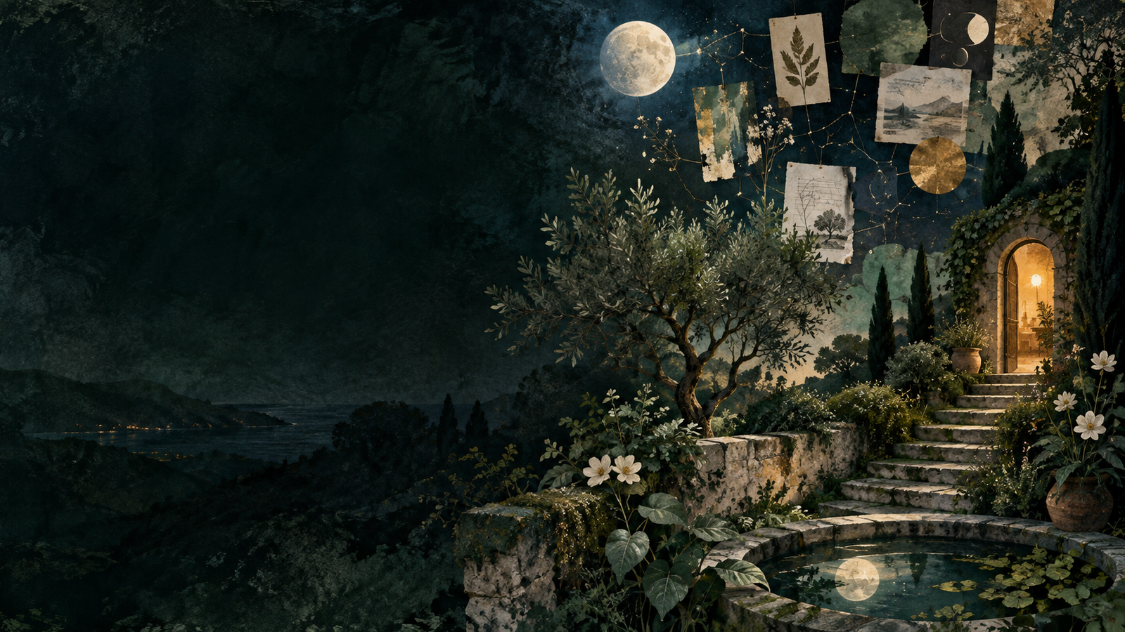 A moonlit garden collage with a doorway and creative fragments